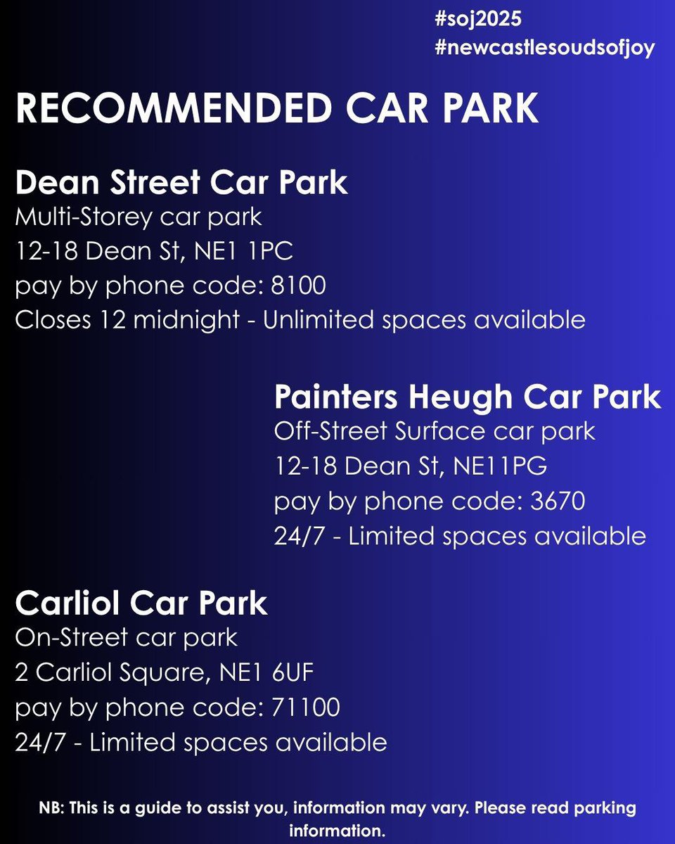 If you are driving over for #SoundsofJoyNCL here are some places to park