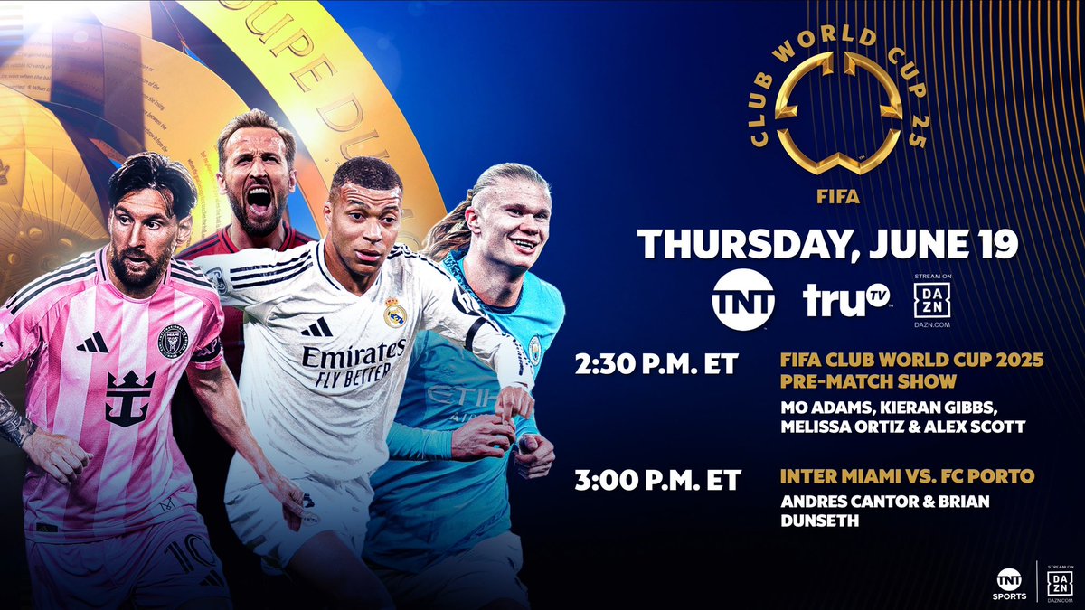 TNTSportsPR's tweet image. Today’s featured @FIFACWC match on TNT, truTV and DAZN:

⚽️ @InterMiamiCF vs. @FCPorto  at 3 pm ET

🎙️ Andres Cantor &amp;amp; Brian Dunseth

Pre-match coverage (2:30 pm): Mo Adams, Kieran Gibbs, Melissa Ortiz &amp;amp; Alex Scott