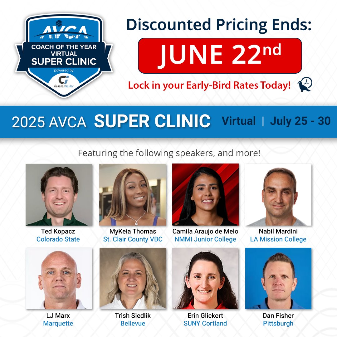 🎇LAST CHANCE! 🎇
Register for the 2025 AVCA Super Clinic today to lock in early-bird pricing. avca25.coachesinsider.com
#WeAreAVCA