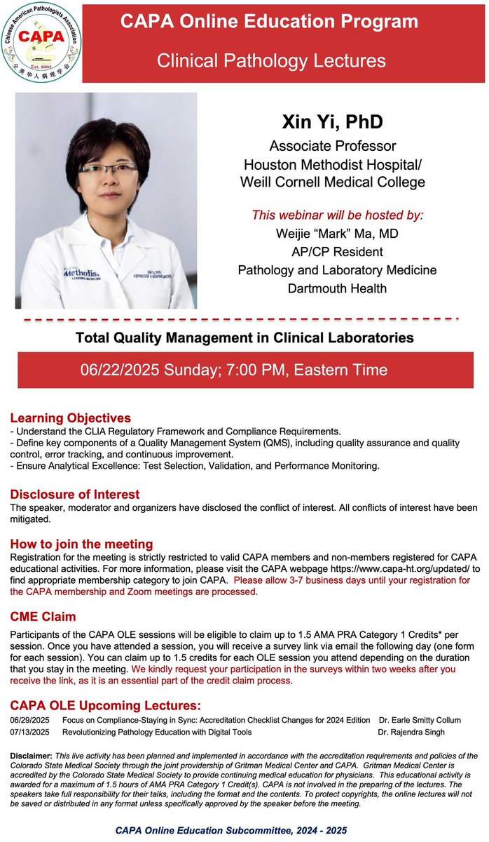 Thrilled to have Dr. Xin Yi to lead another CAPA OLE CP session! Tune in Sun 6/22 at 7 PM ET, we are going to have a discussion about Total Quality Management 📊🧪 Dr. Yi will cover CLIA compliance, analytical validation and performance monitoring. Host: Dr. Mark Ma #PathTwitter