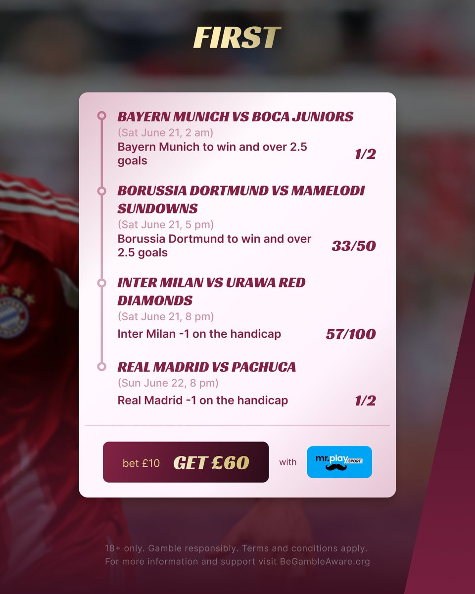 firstforwins's tweet image. ⚽️ Weekend Football Acca
Big names. Big goals. Big value.

Here’s our four-leg acca for this weekend’s Club World Cup action 👇
first.com/sports-betting…

 #FootballBetting #AccaTips #WeekendAcca