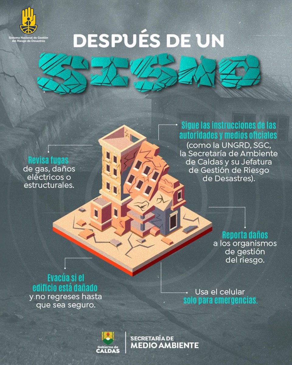 SNGRDColombia (@sngrdcolombia) on Twitter photo #SNGRDCaldas | ¿Sabes qué hacer antes, durante y después de un sismo?
<a href="/ambiente_caldas/">Medio Ambiente de Caldas</a> y la Jefatura de Gestión del Riesgo te comparten algunas recomendaciones. 👀
✅ Prepárate con anticipación
🔴 Actúa con calma y criterio
📲 Sigue siempre a las autoridades
#SNGRDSomosTodos #SNGRDCaldas | ¿Sabes qué hacer antes, durante y después de un sismo?
<a href="/ambiente_caldas/">Medio Ambiente de Caldas</a> y la Jefatura de Gestión del Riesgo te comparten algunas recomendaciones. 👀
✅ Prepárate con anticipación
🔴 Actúa con calma y criterio
📲 Sigue siempre a las autoridades
#SNGRDSomosTodos