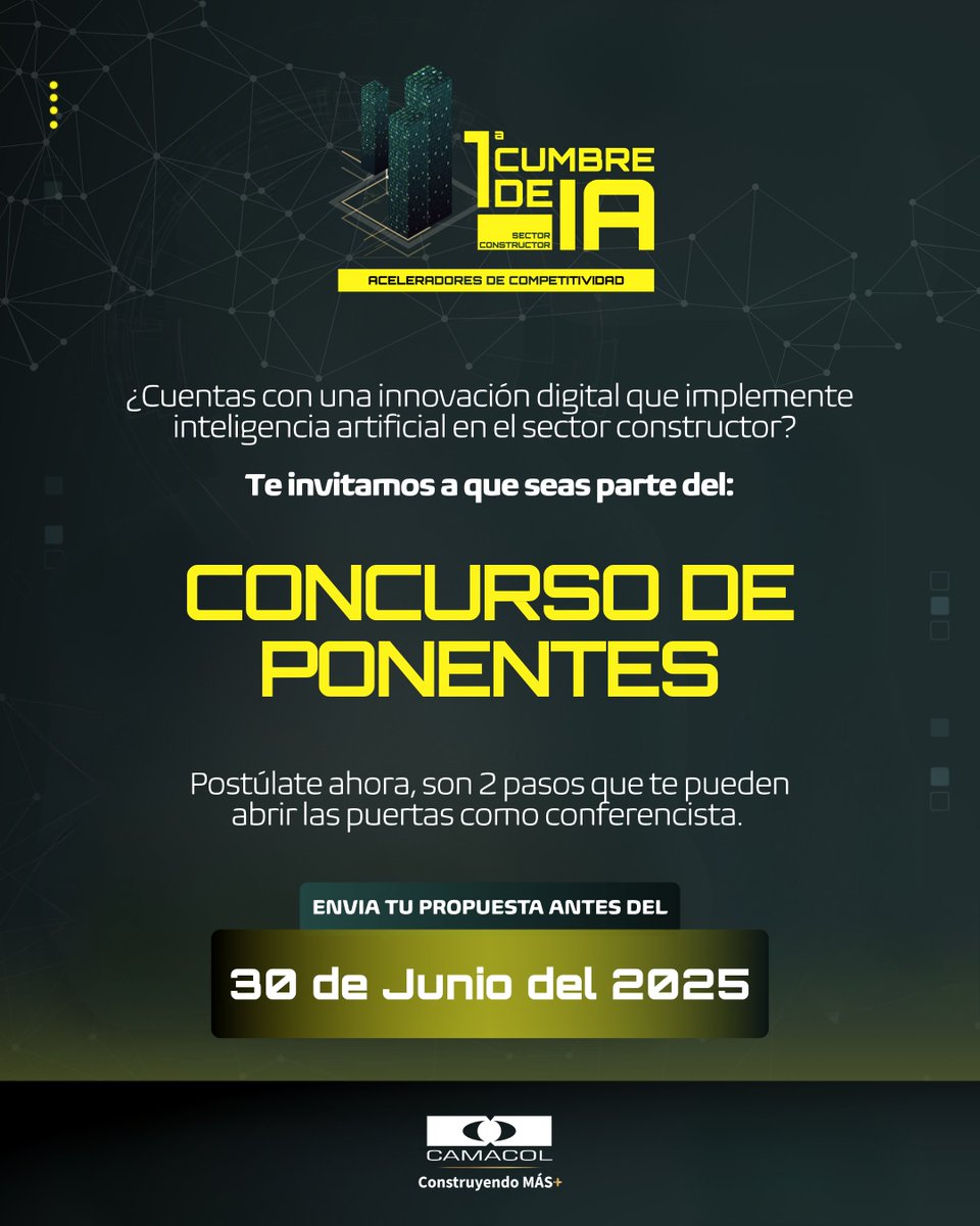 🚀 ¿Estás transformando el sector constructor con inteligencia artificial? ¡Esta es tu oportunidad!
Postúlate al Concurso de Ponentes de la Primera Cumbre de Inteligencia Artificial del sector constructor y lleva tus ideas al escenario en Cartagena este 21 y 22 de agosto. 🧠🏗️