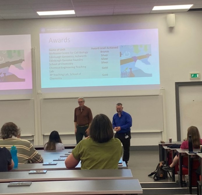 On behalf of the team, Dr David Brown collected a Gold Lab award for the 4P Teaching Labs at the CSE Sustainability Celebration! 🥇The school also collected a Silver award 🥈Congratulations to all involved!

More about our sustainability efforts - chem.ed.ac.uk/our-community/…