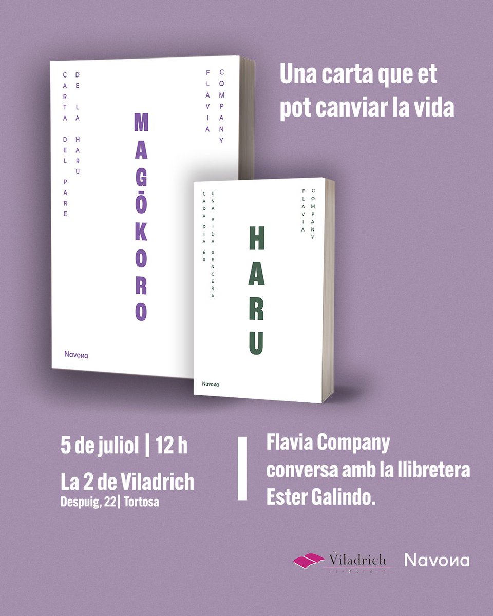 Editorial Navona (@navonaeditorial) on Twitter photo #FlaviaCompany presenta «Magōkoro» ✉️
La carta del pare de la Haru que mai va arribar a llegir.
🗓️ Dissabte 5 de juliol
🕐 12 h
📍 <a href="/la2deViladrich/">Llibreria Viladrich</a> #FlaviaCompany presenta «Magōkoro» ✉️
La carta del pare de la Haru que mai va arribar a llegir.
🗓️ Dissabte 5 de juliol
🕐 12 h
📍 <a href="/la2deViladrich/">Llibreria Viladrich</a>