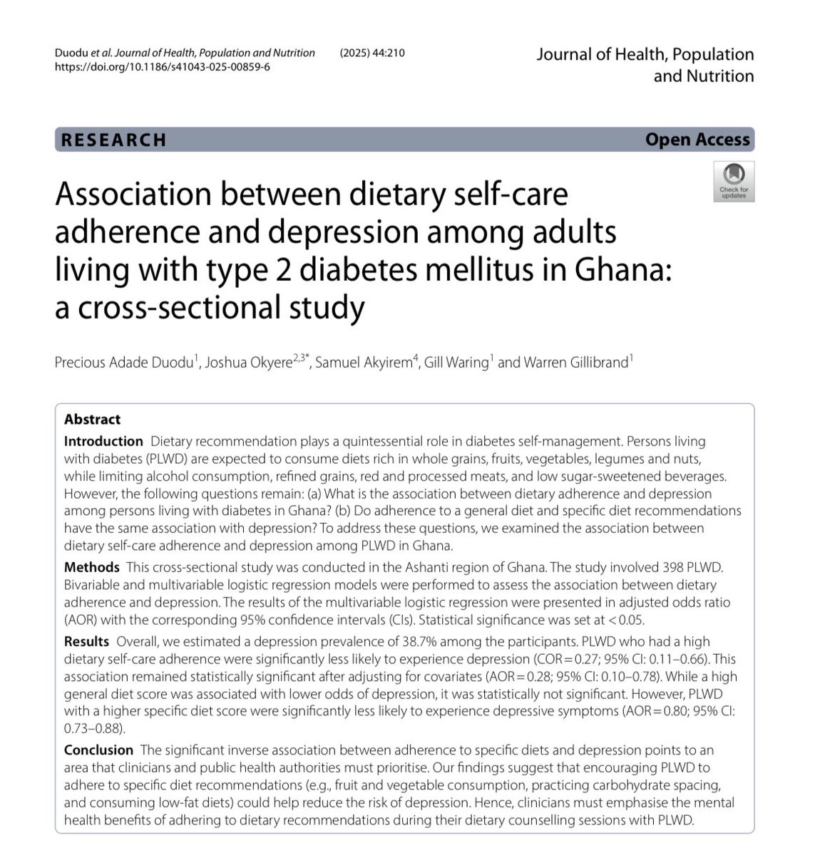 Precious Adade Duodu (@preciousa_duodu) on Twitter photo ๐ข New Ghana study ๐ฌ๐ญ finds adults with diabetes who stick to specific diet tipsโlike eating more fruits/veggies, spacing carbs, and choosing low-fat optionsโhave significantly lower odds of depression.
๐ง What you eat may lift your mood.
๐ link.springer.com/article/10.118โฆ
#Diabetes ๐ข New Ghana study ๐ฌ๐ญ finds adults with diabetes who stick to specific diet tipsโlike eating more fruits/veggies, spacing carbs, and choosing low-fat optionsโhave significantly lower odds of depression.
๐ง What you eat may lift your mood.
๐ link.springer.com/article/10.118โฆ
#Diabetes