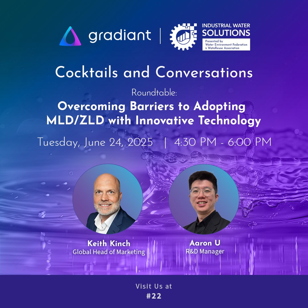 Water reuse isn’t the future—it’s the foundation.

Meet Gradiant at #WateReuse2025, June 23–25 in Columbus, OH. From water recycling to #PFAS, we’re helping industries turn risk into resilience: gradiant.com/contact 

💬 Roundtables hosted on June 24