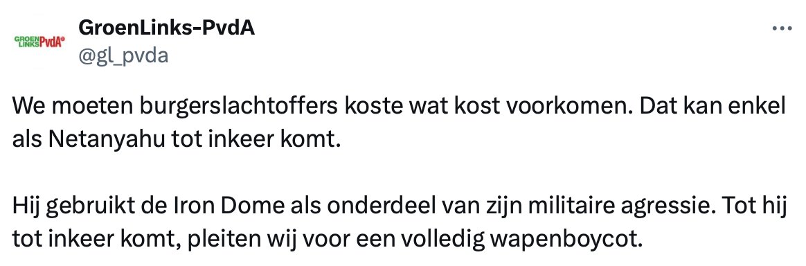 mnumann's tweet photo. Ik had de hoop dat @KatiPiri zich een beetje vergaloppeerde in het debat. Maar het is dus echt een formeel @gl_pvda standpunt dat Israël zich niet mag verdedigen. Stel ook maar meteen een verbod op de export van beton in, want daar worden schuilkelders mee gemaakt. https://t.co/ZeVqkkH1yt