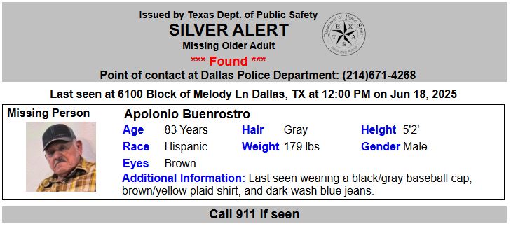 DISCONTINUED SILVER ALERT for Apolonio Buenrostro from Dallas, TX, on 06/19/2025