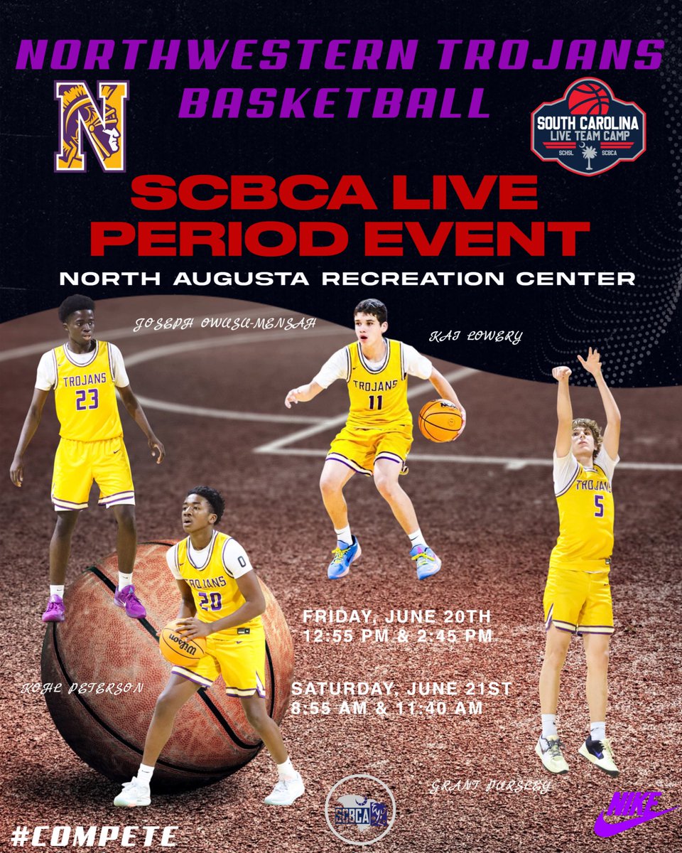 Northwestern Basketball (@trojanmbb) on Twitter photo Trojans schedule for this weekend in the SCBCA Live Period Event in North Augusta. <a href="/GrantPursley/">Grant Pursley</a> <a href="/J0Mensah/">Joseph Owusu-Mensah</a> <a href="/KaiLowery123/">Kai Lowery</a> <a href="/KOHLPETERSON5/">Kohl Peterson</a> Trojans schedule for this weekend in the SCBCA Live Period Event in North Augusta. <a href="/GrantPursley/">Grant Pursley</a> <a href="/J0Mensah/">Joseph Owusu-Mensah</a> <a href="/KaiLowery123/">Kai Lowery</a> <a href="/KOHLPETERSON5/">Kohl Peterson</a>