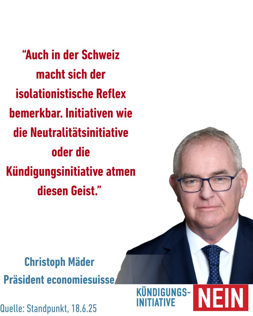 kuendigung_nein's tweet image. In vielen Ländern breiten sich isolationistische Narrative aus und auch in der Schweiz ist dieser gefährliche Trend spürbar.
Christoph Mäder, Präsident von economiesuisse, macht im aktuellen Standpunkt auf diese Entwicklung aufmerksam:
„Auch in der Schweiz macht sich der…