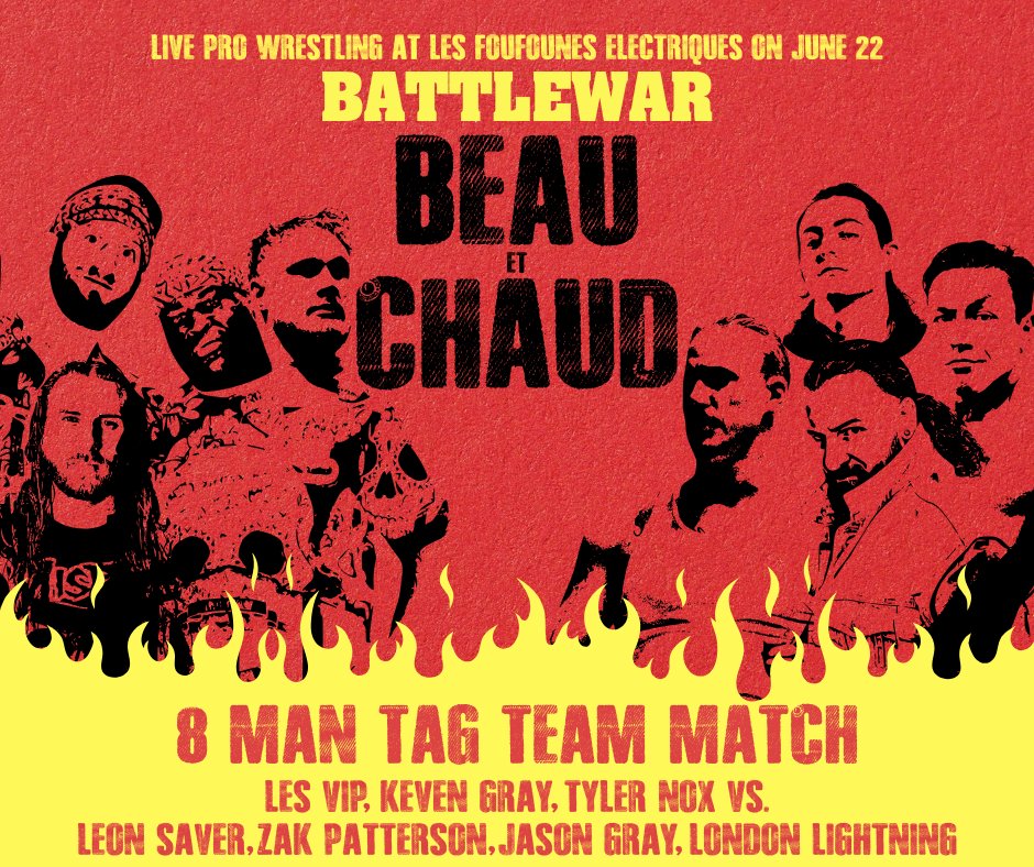 TheBATTLEWAR's tweet image. A SUPER SIZED match has been signed for this Sunday at @LesFoufs!
Leon Saver and @zak_patterson_w have recruited Jason Gray and @lndnlightningpw.
On the other side is BATTLEWAR Tag Team Champions, Les VIP, who will stand alongside Keven Gray and Tyler Nox.