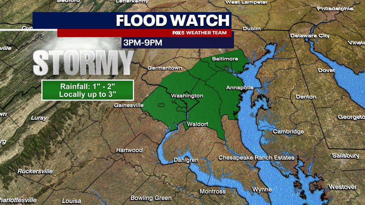 Another FLOOD WATCH : Has been issued for the urban corridor from DC to Baltimore this afternoon. Slow moving T-Storms could cause instances of Flash Flooding. Up to 3" possible.