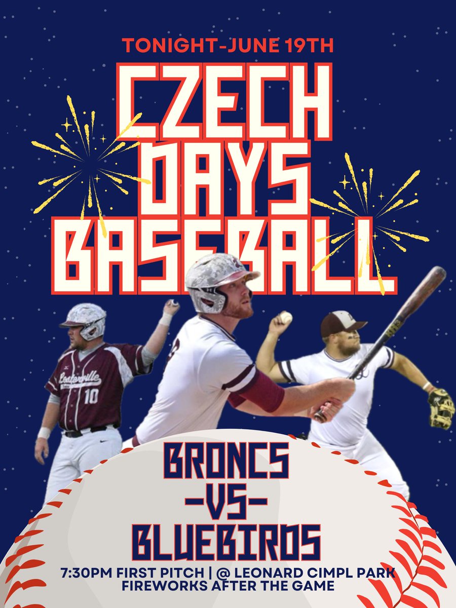 Lesterville Broncs (@lestybroncs) on Twitter photo Broncs travel to <a href="/BluebirdsTabor/">Tabor Bluebirds</a> to kickoff Czech Days! 7:30 first pitch with fireworks to follow. #GoBroncs Broncs travel to <a href="/BluebirdsTabor/">Tabor Bluebirds</a> to kickoff Czech Days! 7:30 first pitch with fireworks to follow. #GoBroncs