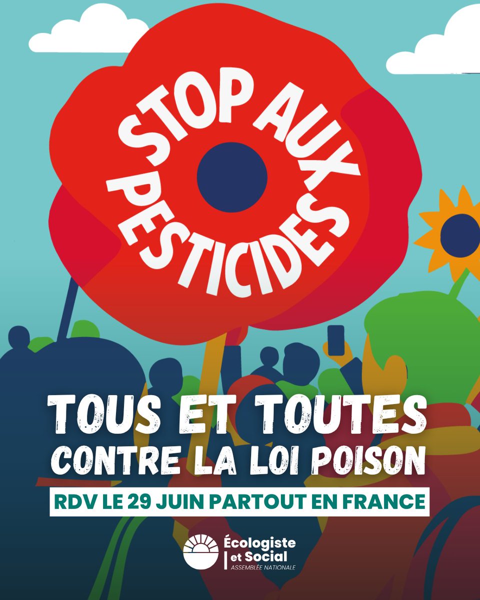 ❌ NON au retour des néonicotinoïdes
❌ NON à la #LoiPoison !

📆 Les 29 &amp; 30 juin, partout en France, faisons entendre notre voix à la veille de la CMP sur la #LoiDuplomb.

👉 Pour notre santé, pour la biodiversité et la science !

La carte des actions ⤵️
ecologisteetsocial.fr/non-a-la-loi-d…