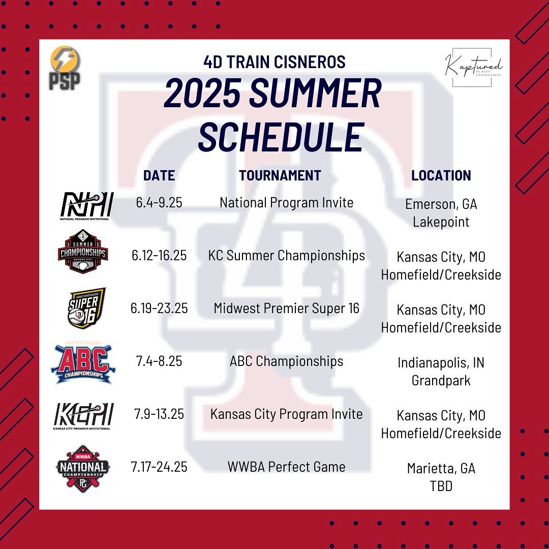 BCBsblCisneros's tweet image. 2025 Summer Schedule
@pridefitnessllc @prepbaseball @PrepBaseballMO @PrepBaseballKC @kapturedbykate_