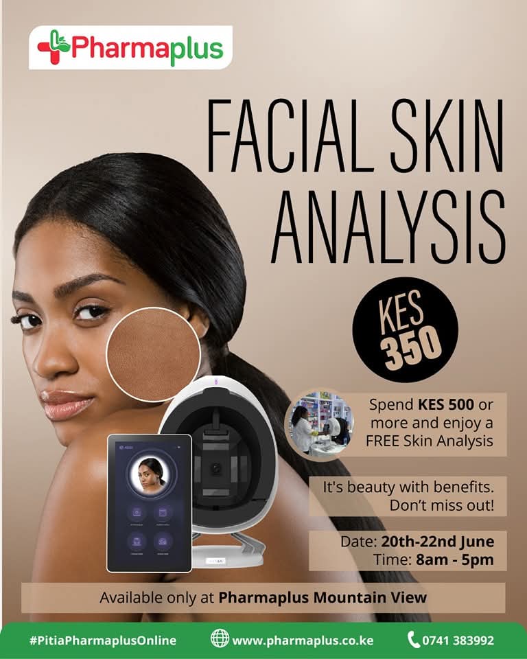 Mountain View Mall (@mvm_ke) on Twitter photo ✨ Know your skin!
Get a Facial Skin Analysis at PharmaPlus Mountain View for just KES 350 🧴💆♀️
🗓️ 20–22 June | 🕗 8am–5pm
📍Only at Mountain View Mall
👉 Follow <a href="/Pharmaplus254/">Pharmaplus Pharmacy</a> for more!
#SkinCare #NairobiDeals #MountainViewMall ✨ Know your skin!
Get a Facial Skin Analysis at PharmaPlus Mountain View for just KES 350 🧴💆♀️
🗓️ 20–22 June | 🕗 8am–5pm
📍Only at Mountain View Mall
👉 Follow <a href="/Pharmaplus254/">Pharmaplus Pharmacy</a> for more!
#SkinCare #NairobiDeals #MountainViewMall