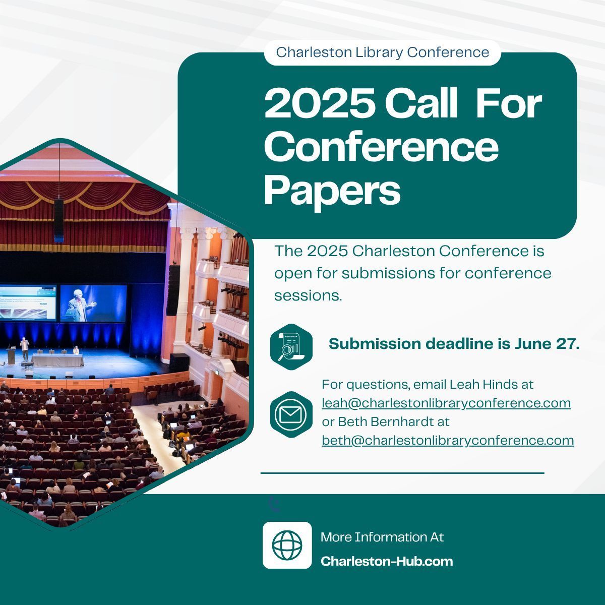 Charleston Hub (@chsconf) on Twitter photo Call for Proposals for #CharlestonConference 2025!
We’re looking for ideas & practical solutions from across the library, publishing, and vendor communities.
🗓️ Submit by June 27
🌍 Hybrid format
đź§ Sessions: Lightning rounds, Posters, Discussions & more!
charleston-hub.com/the-charleston… Call for Proposals for #CharlestonConference 2025!
We’re looking for ideas & practical solutions from across the library, publishing, and vendor communities.
🗓️ Submit by June 27
🌍 Hybrid format
đź§ Sessions: Lightning rounds, Posters, Discussions & more!
charleston-hub.com/the-charleston…