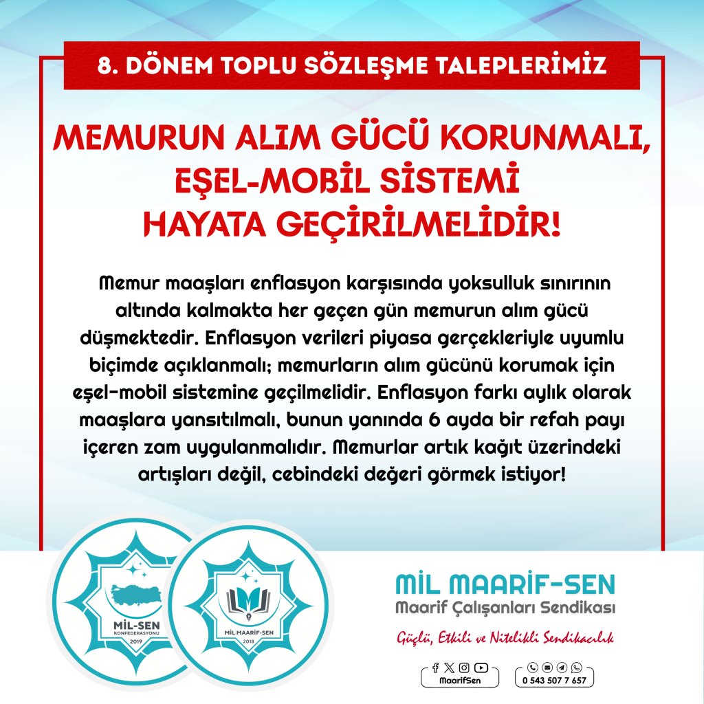 📉EŞEL-MOBİL sistemi hayata geçirilmeli!

Aylık enflasyon farkı maaşlara yansıtılmalı.
6 ayda bir refah payı içeren zam uygulanmalıdır.

#AlımGücü #TopluSözleşme2025 #MaarifSen #MilSen <a href="/csgbakanligi/">T.C. Çalışma ve Sosyal Güvenlik Bakanlığı</a> <a href="/HMBakanligi/">T.C. Hazine ve Maliye Bakanlığı</a> <a href="/tcmeb/">Millî Eğitim Bakanlığı</a>