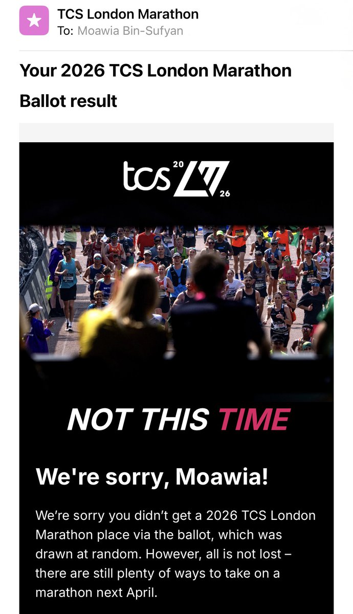Moawia Bin-Sufyan MBE MStJ (@moawiabinsufyan) on Twitter photo š£ Breaking news: The <a href="/LondonMarathon/">TCS London Marathon</a> ballot has once again decided Iām better suited to cheering from the sidelines than pounding the pavements of London.
šš¾āāļøAfter 15+ years of applying, Iāve received yet another āThanks, but no thanks.ā I must say, at this point, itās š£ Breaking news: The <a href="/LondonMarathon/">TCS London Marathon</a> ballot has once again decided Iām better suited to cheering from the sidelines than pounding the pavements of London.
šš¾āāļøAfter 15+ years of applying, Iāve received yet another āThanks, but no thanks.ā I must say, at this point, itās