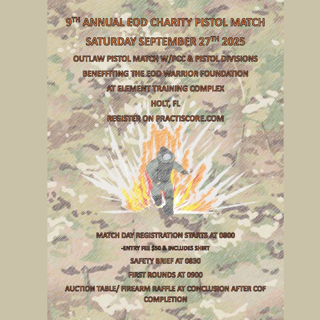 The 9th Annual EOD Charity Pistol Match is locked and loaded for Saturday, September 27, 2025, at Element Training Complex in Holt, FL!

👉 Register now on Practiscore.com and help support our EOD warriors through friendly firepower!
