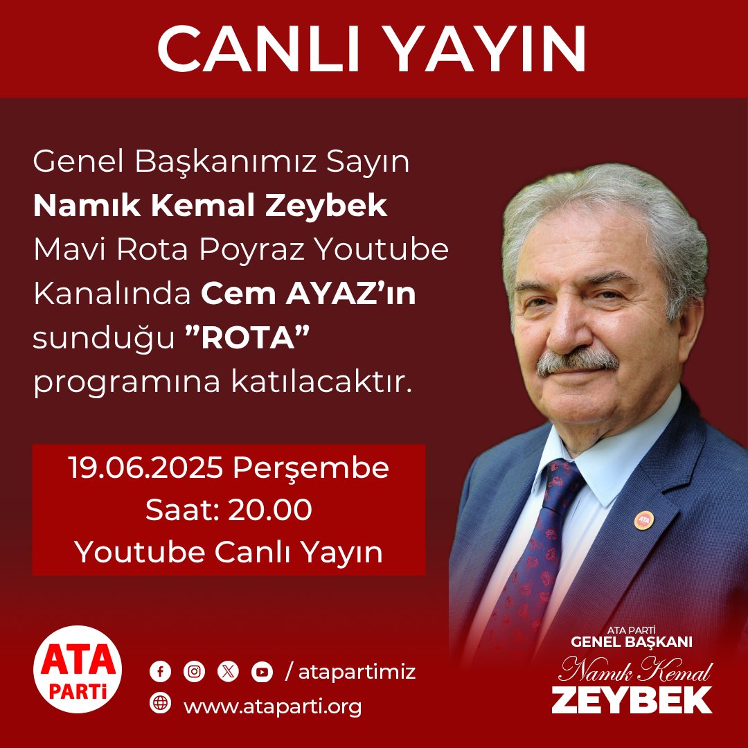 Genel Başkanımız Sayın Namık Kemal ZEYBEK, bugün 20.00’de Mavi Rota Poyraz Youtube Kanalına konuk olacaktır.

📅 19 Haziran Perşembe
⏰ 20.00
📺 Mavi Rota Poyraz (Youtube)