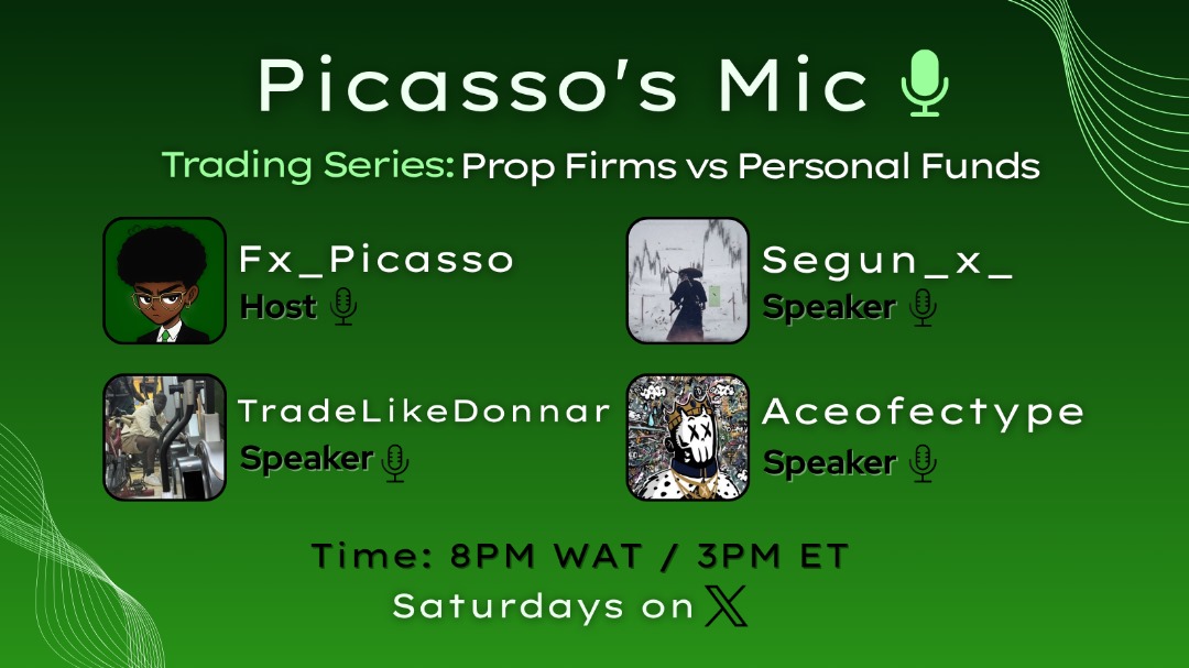 J of All Trades (@fx_picasso) on Twitter photo This Weekend we'll talk on the Topic: Props vs Personal Funds, which is better?
Join me, <a href="/Segun_x_/">Segun🧸</a>, <a href="/TradeLikeDonnar/">TradeLikeDonnar</a> and <a href="/Aceofectype/">Ace of Ectype</a> this Saturday by 8pm (WAT) to talk about it.
There will be a little Giveaway at the end of the space.
Details Below 👇🏼 This Weekend we'll talk on the Topic: Props vs Personal Funds, which is better?
Join me, <a href="/Segun_x_/">Segun🧸</a>, <a href="/TradeLikeDonnar/">TradeLikeDonnar</a> and <a href="/Aceofectype/">Ace of Ectype</a> this Saturday by 8pm (WAT) to talk about it.
There will be a little Giveaway at the end of the space.
Details Below 👇🏼
