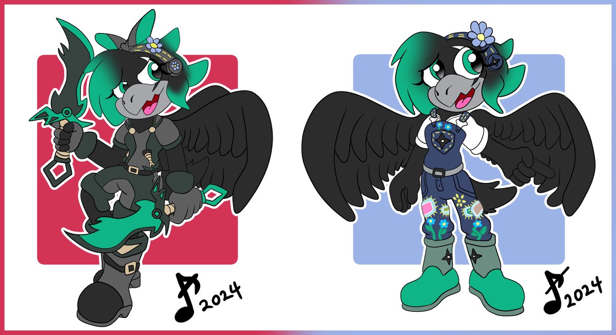I'll start! This is Audrey!

She's a raven that is EXTREMELY energetic, bubbly and outgoing! She always loves to chat and is an EXTREME nerd about all things gardening!

She can also defend herself w/ her daggers, and fights with her Eagle Wisp!

First 2 images by Veeloopz!