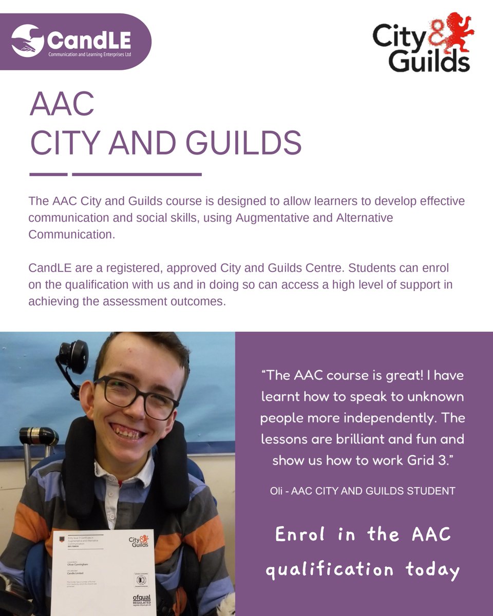 CandLE AAC (@candleaac) on Twitter photo Unlock the Power of Communication with the AAC Qualification available at CandLE 🎓🧑🏫🖥️
The AAC <a href="/cityandguilds/">City & Guilds</a> qualification is designed to open doors for individuals with little or no natural speech.
Give learners the voice they deserve. Enrol in the AAC qualification today! Unlock the Power of Communication with the AAC Qualification available at CandLE 🎓🧑🏫🖥️
The AAC <a href="/cityandguilds/">City & Guilds</a> qualification is designed to open doors for individuals with little or no natural speech.
Give learners the voice they deserve. Enrol in the AAC qualification today!
