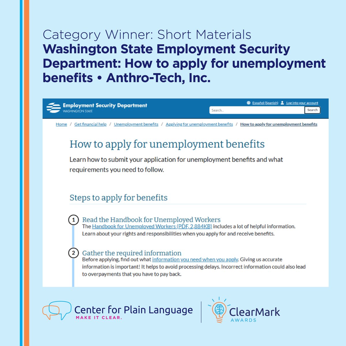 ClearMark 2025 Short Materials Winner: Washington State ESD by Anthro-Tech, Inc.

Judge: “A complex topic made manageable through strong user testing and clear writing.”

See all winners: bit.ly/3SlHmmP

#ClearMarkAwards #PlainLanguage