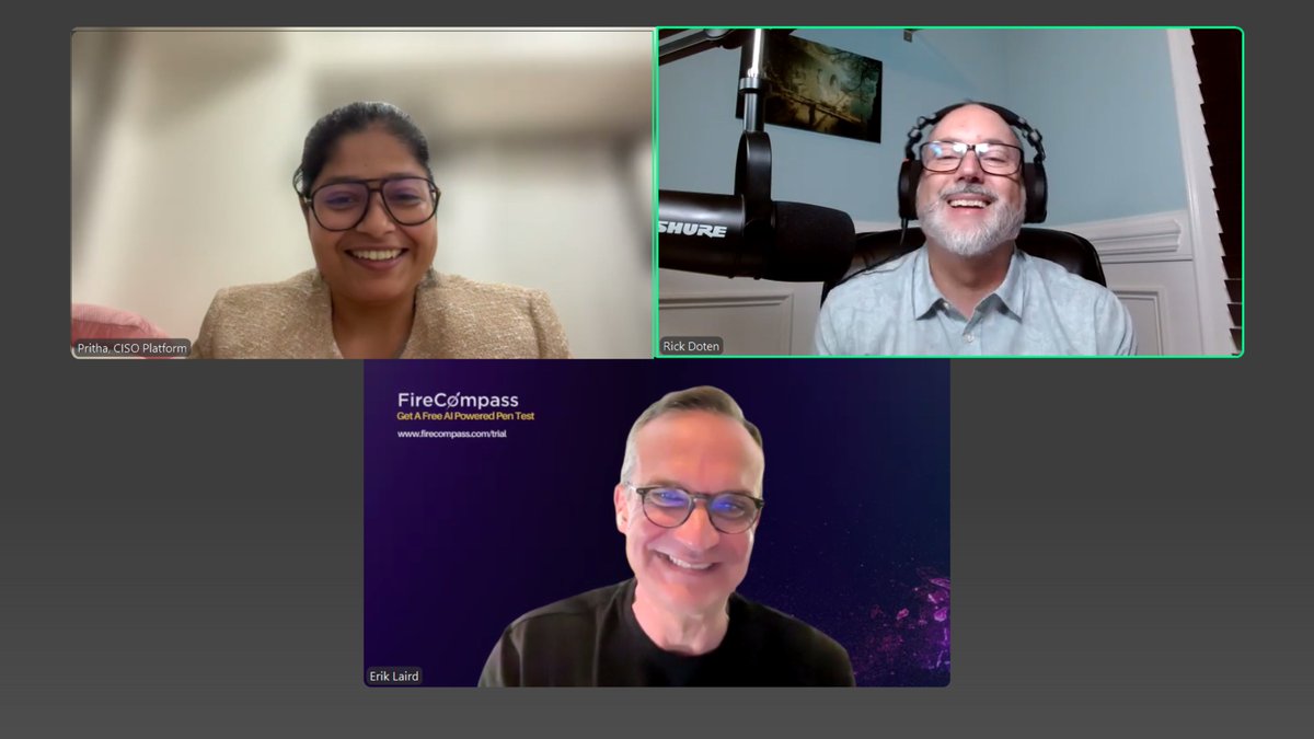 We are LIVE!

Join CISO Platform Fireside Chat on "A CISO's Guide On How To Manage A Dynamic Attack Surface"

With:
- Rick Doten (VP - Information Security, Centene Corporation)
- Erik Laird (Vice President - North America, FireCompass)

Join here: us06web.zoom.us/webinar/regist…