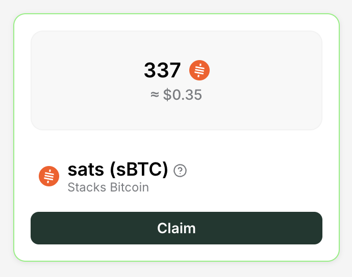 mystercyborg.btc (@cyborgmyster) on Twitter photo Just noticed this change on <a href="/StackingDao/">Stacking DAO</a> ✨
Daily claimable sBTC yields are now denominated as sats!
This is BULLISH for my eyes - no more counting decimal points 👀 Just noticed this change on <a href="/StackingDao/">Stacking DAO</a> ✨
Daily claimable sBTC yields are now denominated as sats!
This is BULLISH for my eyes - no more counting decimal points 👀