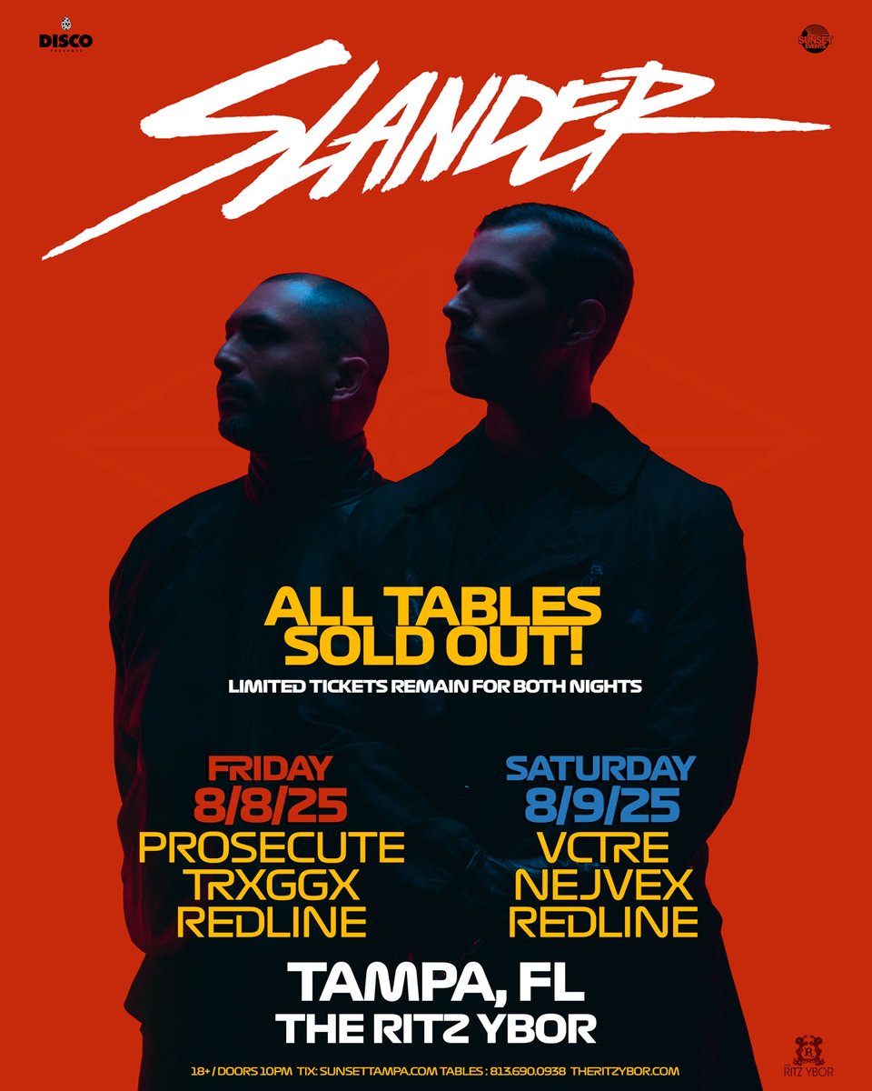 Sunset Events (@sunsetevents) on Twitter photo With tables fully sold out, only tickets remain for SLANDER... bit.ly/slandertpa25 With tables fully sold out, only tickets remain for SLANDER... bit.ly/slandertpa25
