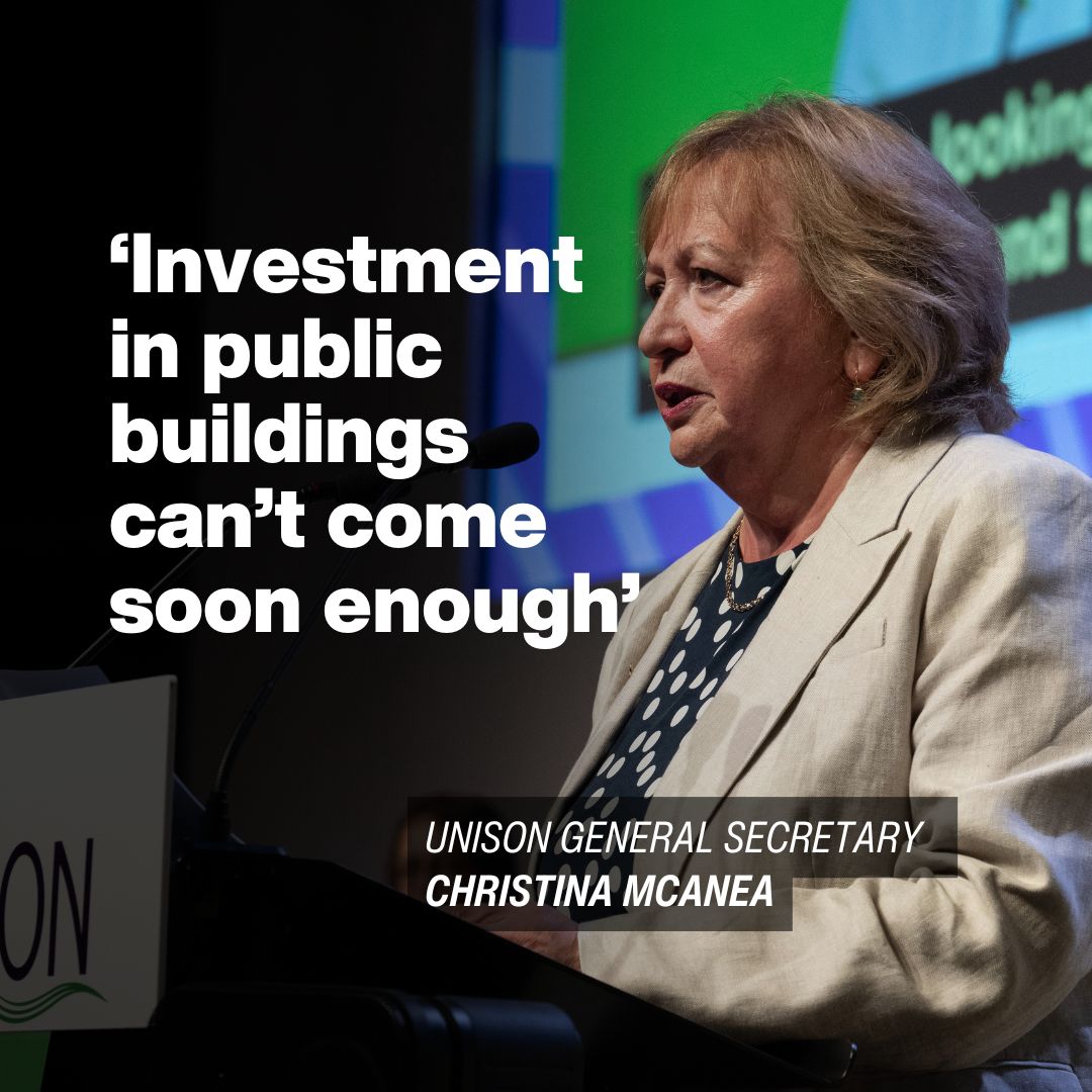'Investment in public buildings can’t come soon enough'

UNISON general secretary Christina McAnea on the government commitment  to invest £9bn a year to fix crumbling schools, hospitals and prisons, 
unsn.uk/4k1bOy5