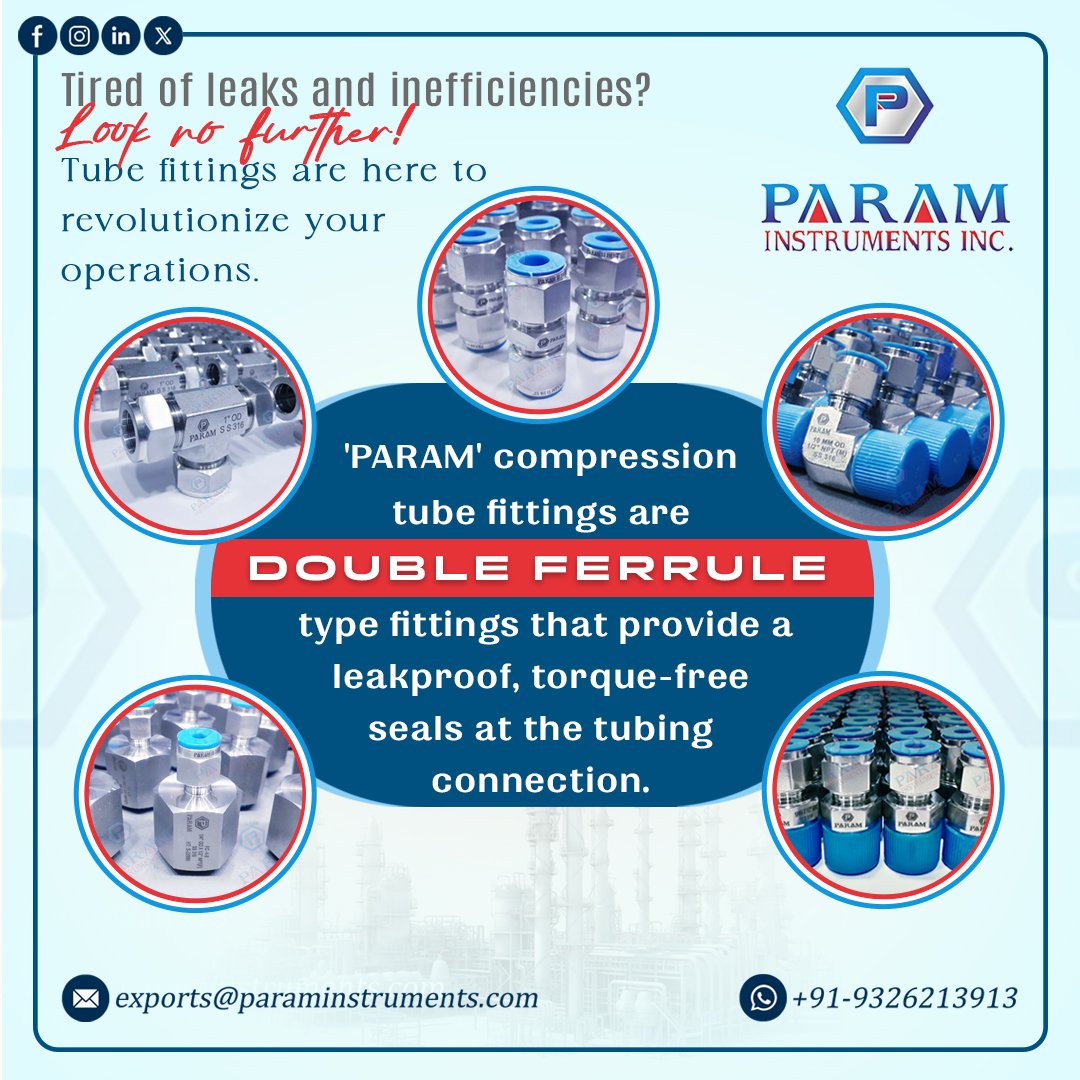 Param Instruments Inc. (@param_inc_) on Twitter photo PARAM compression tube fittings are double ferrule type fittings that provide leakproof, torque-free seals at the tubing connection.
Email : exports@paraminstruments.com
WhatsApp : +91 9326213913
#Industrial #Instrumentation #TubeFittings #Steel #FerruleFittings #MadeInIndia PARAM compression tube fittings are double ferrule type fittings that provide leakproof, torque-free seals at the tubing connection.
Email : exports@paraminstruments.com
WhatsApp : +91 9326213913
#Industrial #Instrumentation #TubeFittings #Steel #FerruleFittings #MadeInIndia