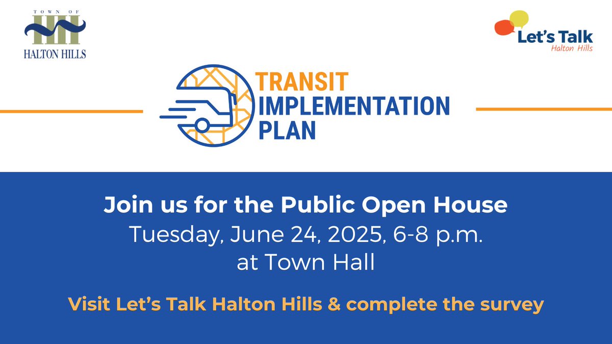 A reminder, #HaltonHills that the Town is hosting an in-person Open House to gather community feedback on Phase 1 of the Transit Implementation Plan (TIP) on Tuesday, June 24, 2025 at Town Hall (1 Halton Hills Dr., Georgetown) from 6:00 - 8:00 p.m.

The TIP will shape transit