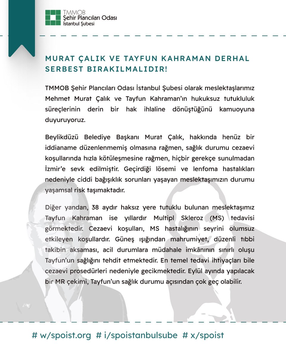 spoist's tweet image. Meslektaşlarımızın Sağlığı Tehlikede!
Murat Çalık ve Tayfun Kahraman Derhal Serbest Bırakılmalıdır!
#MehmetMuratÇalıkSerbestBırakılsın
#TayfunKahramanaÖzgürlük
#ŞehirPlancılarınaÖzgürlük