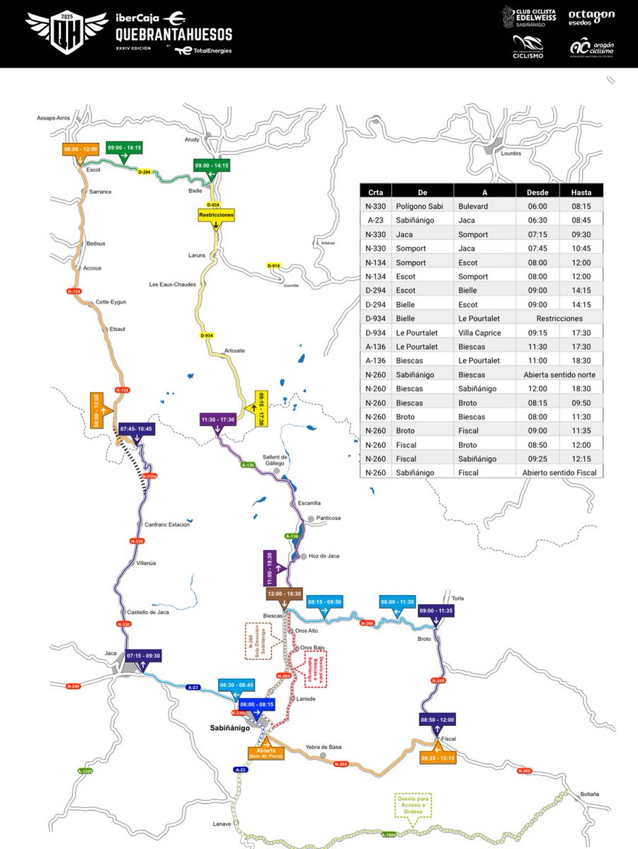 ¡Aviso importante para los visitantes que vienen este Sábado 21 a Canfranc! 🚧🚴‍♀️

Queremos informarles que la carretera principal de acceso a Canfranc, la N-330, permanecerá cerrada al tráfico desde las⏰07:15h hasta las 09:30h debido a la Quebrantahuesos.