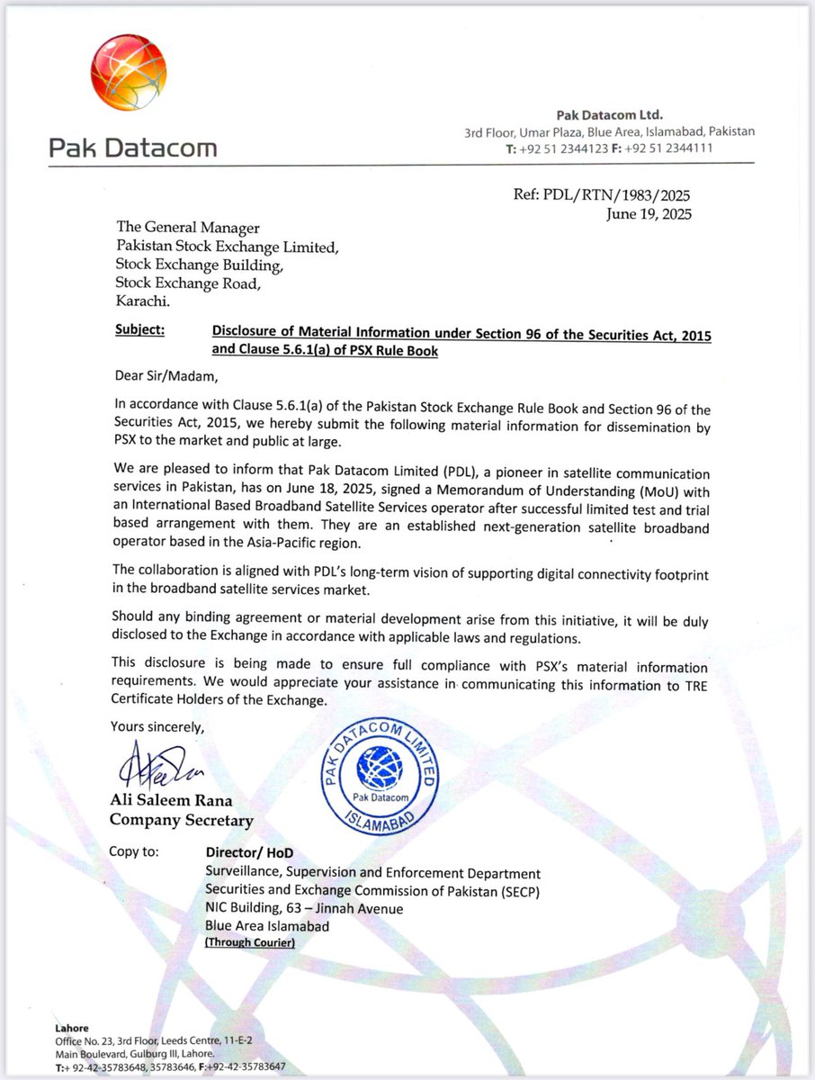 🇵🇰 Pak Datacom Ltd (#PDL) – Material Disclosure

📅 Dated: June 19, 2025

Pak Datacom (PSX: #PAKD) has signed an MoU with an international broadband satellite services operator after successful testing 📡

This strategic collaboration strengthens PDL’s position in next-gen