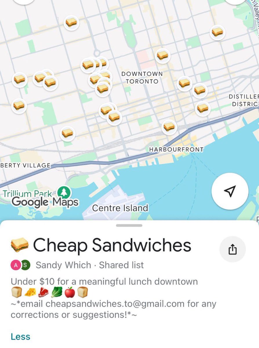 Hungry and on a budget? A kind soul has compiled a map of Toronto sandwiches for under ten bucks!

Cheap Sandwiches · Sandy Which
maps.app.goo.gl/Y1bfVjWdUdTBpb…