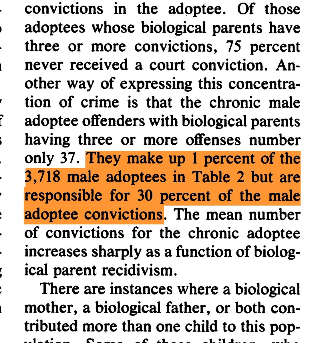 The 1% of male adoptees with biological parents who had three+ convictions were responsible for 30% of the sample's convictions.

Crime is very concentrated.