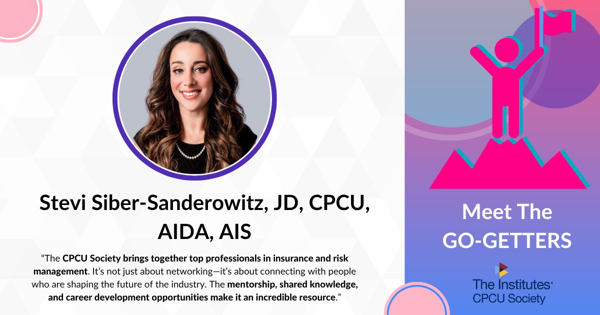 The Institutes CPCU Society (@cpcusociety) on Twitter photo Get to know this month’s #GoGetter Stevi Siber-Sanderowitz, JD, CPCU, AIDA, AIS, Senior Counsel; VP, Insurance Analytics at <a href="/SterRisk/">SterlingRisk</a>. Her favorite part of the #CPCUSociety is connecting with future industry leaders.
Click here to read her full profile: bit.ly/3SSjzLI Get to know this month’s #GoGetter Stevi Siber-Sanderowitz, JD, CPCU, AIDA, AIS, Senior Counsel; VP, Insurance Analytics at <a href="/SterRisk/">SterlingRisk</a>. Her favorite part of the #CPCUSociety is connecting with future industry leaders.
Click here to read her full profile: bit.ly/3SSjzLI