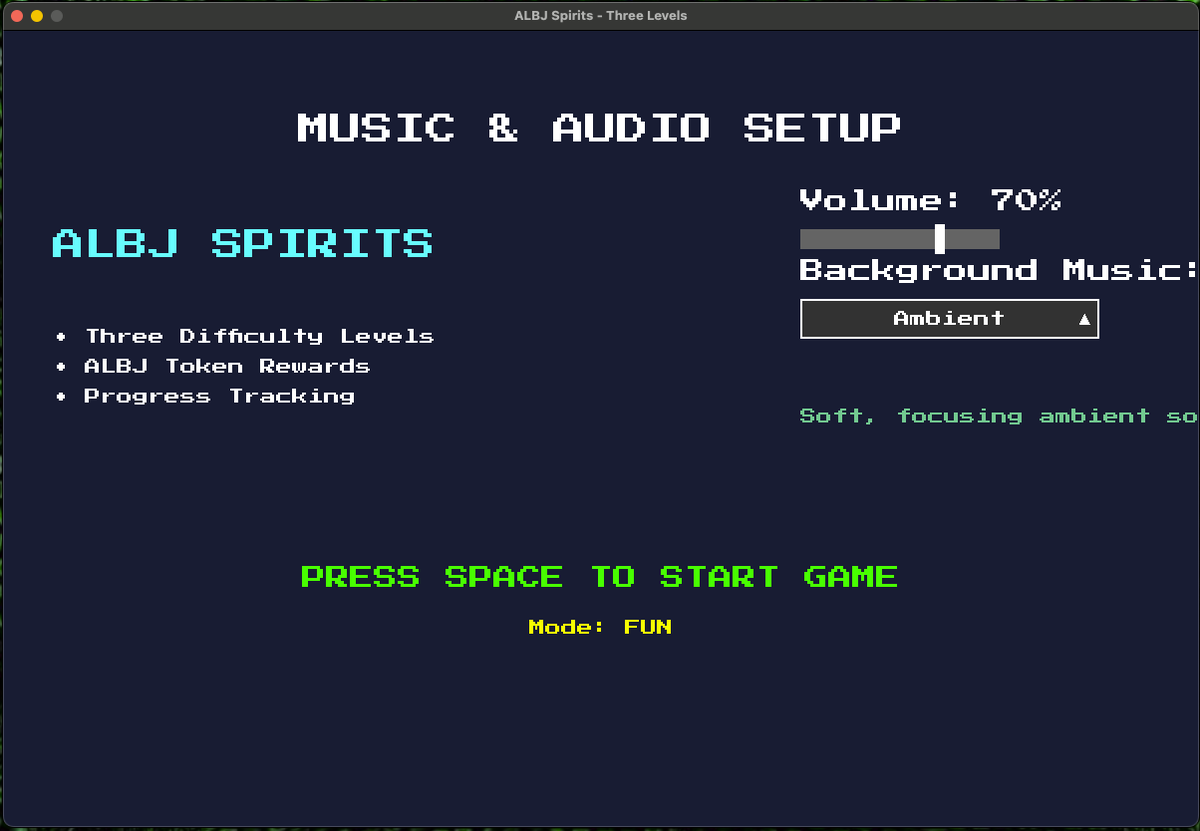 ALBJToken's tweet photo. 🎶👾 Sneak peek at ALBJ Spirits' music & audio setup!
✅ Choose your vibe with customizable background music
✅ Set your volume for max focus
✅ Three difficulty levels + ALBJ token rewards
✅ Progress tracking built-in
⚡ Game coming soon — are you ready to press START?
#ALBJ #CryptoGaming #GameFi #PlayToEarn #Web3Gaming #MemeCoin #ComingSoon