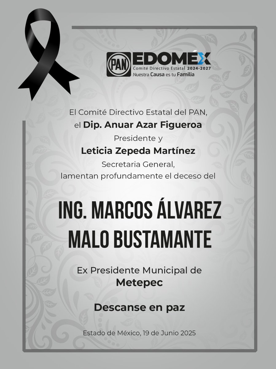 El Comité Directivo Estatal del PAN Estado de México lamenta profundamente el sensible fallecimiento del Ing. Marcos Álvarez Malo Bustamante, expresidente municipal de #Metepec.
Descanse en paz.