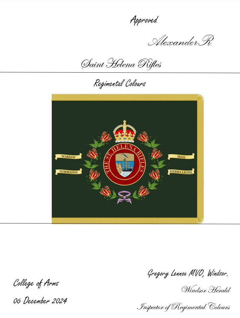 The artwork of the Regimental Colours for the St Helena Rifles.

The SHR is the garrison Infantry regiment defending the overseas territory of St Helena. Famous for guarding Emperor Napoleon during his final days on the Island in Longwood House.