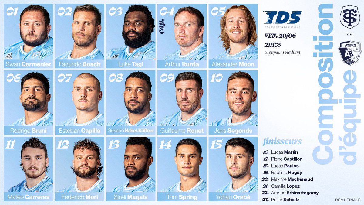 𝗖𝗢𝗠𝗣𝗢𝗦𝗜𝗧𝗜𝗢𝗡 𝗗𝗘𝗠𝗜-𝗙𝗜𝗡𝗔𝗟𝗘  📋

Ils sont là nos 23 guerriers qui défieront le Stade Toulousain demain soir 👊

Tous ensemble derrière nos 𝐂𝐢𝐞𝐥 &amp; 𝐁𝐥𝐚𝐧𝐜 pour cette rencontre historique 🤍🩵

#DemiesTOP14 #ABST