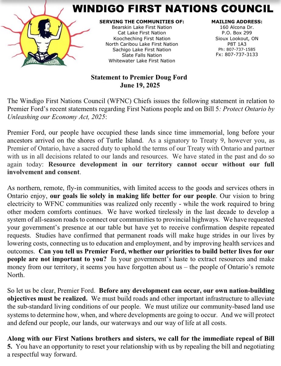 Members of Windigo First Nations Council have declared there will be no development in their traditional territories until their “own nation-building objectives” are met.

They promise to defend the land “at all costs“ unless the well-being of their members is made a priority.