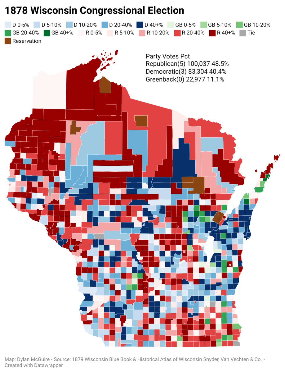 DylanMcGuireWI's tweet image. After a lot of research and time I have finished the map everyone has been waiting for. The 1878 Congressional Elections in Wisconsin by municipality. All 8 incumbents were re-elected although the 3rd (SW) and 4th (MKE, Ozaukee, Wash) were each within a point.
