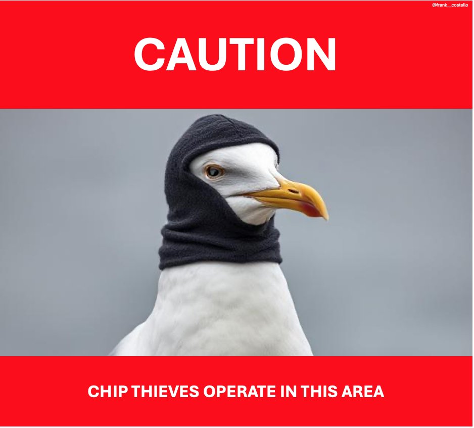 frank__costello's tweet photo. @OneMinuteBriefs Create a standout, shareable public awareness campaign that warns the public about the risk of seagull attacks — in a fun, visual, and uniquely British way.  #StaySafeFromSeagulls https://t.co/0agwkQErVf