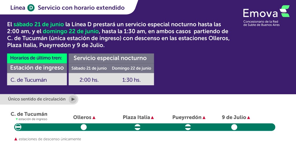 🎶 Lo mejor que me pudo pasar en el viaje 🎶

📆 El sábado 21 de junio la #LíneaD prestará un servicio especial nocturno hasta la 2:00 am y el domingo 22 hasta las 1:30 am, partiendo de Congreso de Tucumán.

⚠️ Mirá cuáles serán los horarios y las estaciones habilitadas 👇